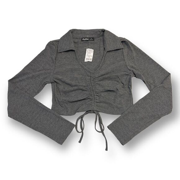 Aster Women’s Cropped Gray Top Polo Tee Size Small  NWT - Picture 1 of 6